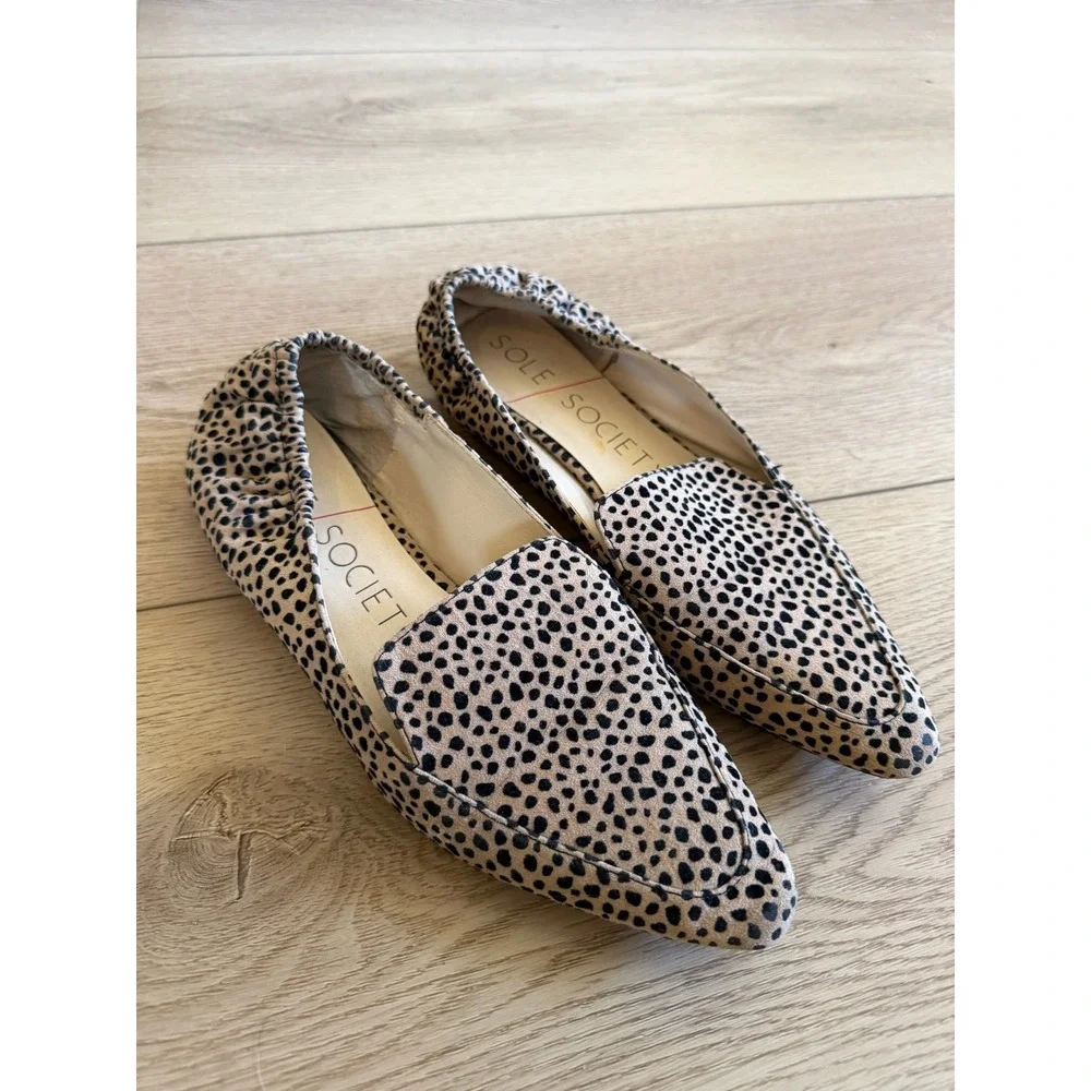 Sole Society Leopard Print Pointed Toe Scrunch Back Flats Tan Black‎ Womens 7.5